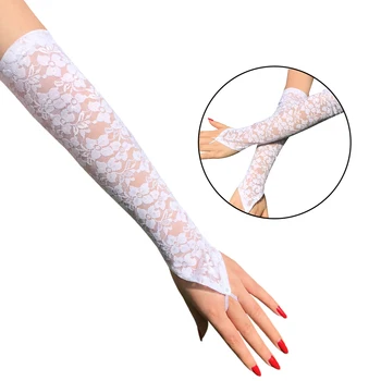 1 Чифт женски дълги дантелен ръкавици Секси мрежести мрежести ръкавици без пръсти, Аксесоари за рокли с флорални елегантен прозрачен ръкав