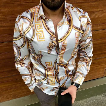 2021 Есенна риза с дълъг ръкав Мъжки дрехи Всекидневния печат отложной яка Върховете на копчета Мъжки тънка риза Модни градинска облекло