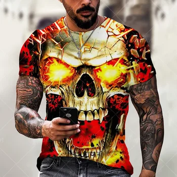 2021 Лятна Нова тениска с принтом черепи за мъже Casual Негабаритная дрехи с къс ръкав, Градинска облекло за Хип-хоп 3D Печат Топ Тениски