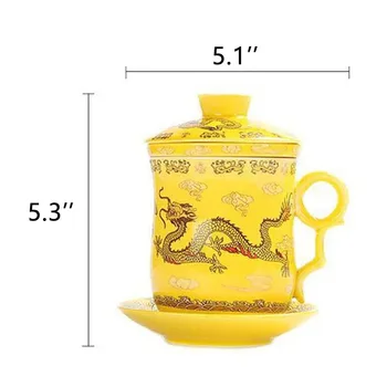 4 бр. комплект Чаена чаши с шарките на китайския Дракон с цедка за заваряване, капак и блюдцем Керамични Чаена чаша Порцелан Лична Чаена чаша