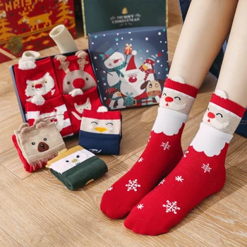 4 Двойки Коледни Чорапи Мек Топъл Жаккардовый Чорап 2021 Коледен Подарък Кутия Набор От Удобни Висококачествени Памучни Чорапи Със Средна Дължина