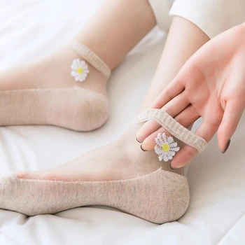 5 двойки/лот Дамски чорапи за лятото-тънки прозрачни копринени чорапи от фибростъкло Cass Модни чорапи с цвете маргаритки в Япония