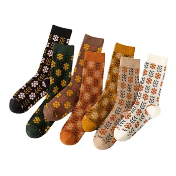 5 Пиаров/лот Дамски чорапи Памучни и интериор в японски стил Ретро Цвят Цветя Crew Чорапи в стил момичета Нов Дизайн Сладки Забавни чорапи за жени
