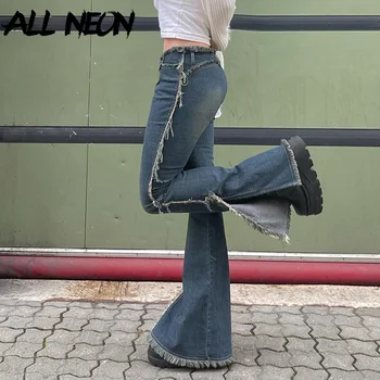 ALLNeon Y2K Естетика Реколта разделена дънки с ниска засаждане на 2000-те Градинска облекло Ретро Декорация пискюли Проблемни дънкови разкроена панталони Пълна дължина