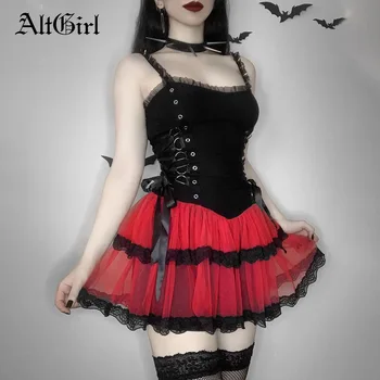 AltGirl Тъмна готическа рокля с корсет Fairycore За жени Реколта Y2k Емо Алтернативна превръзка от неопрен с висока талия Мини дантелено сетчатое Вечерна рокля дрехи