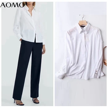 AOMO За жени Ретро Високо качество на Класическа бяла риза с дълъг ръкав Луксозен Дамски Ежедневни Свободна риза Върховете 4C215A