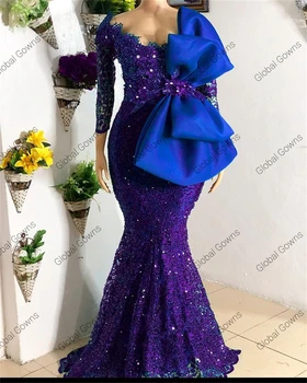 Aso Ebi Дантелени африкански вечерни рокли, с кръгло деколте и лък от мъниста Вечерни рокли на Русалка Вечерни рокли 2021 Robe De Soiree