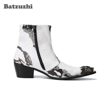 Batzuzhi 6,5 см Ботас на висок ток Hombre Мъжки обувки с железни пръсти, Черни и бели мъжки обувки от естествена кожа, Мъжки ботильоны за партита и сватби