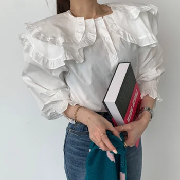 GALCAUR Розова корейската мода лоскутная риза с волани и покритие за жени, яка с ревери, потънала в ръкав, Однотонная блуза на копчета, женски