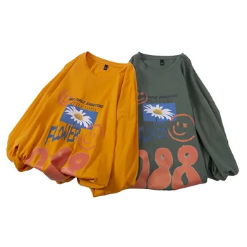 GlacialWhale Мъже с дълги ръкави 2021 Есен Жълт принт Ежедневната Мъжка тениска Градинска облекло за Хип-хоп с кръгло деколте Модерно мъжко облекло
