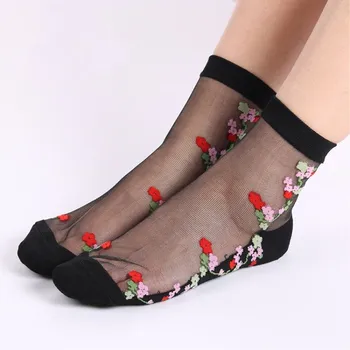 INDJXND Дамски чорапи Чорапи носочные изделия Еластично Кристалното Стъкло, Коприна Ультратонкое дантела на Цветя бродерия 1 двойка от Годишната прозрачен Дължина на щиколотку