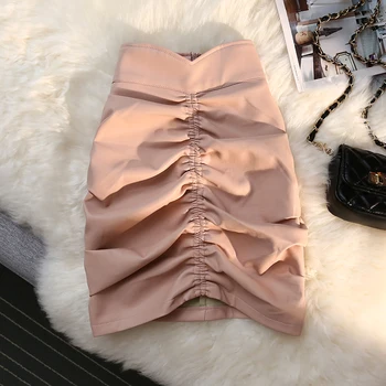 LJSXLS Дамски поли от изкуствена кожа Черна есенна мода с висока талия сексапилната облегающая мини-пола с рюшами Офис женска пола-молив 2021