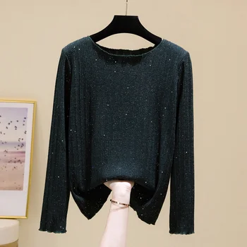 Nkandby плюс размер Дамски дрехи 2021 Есен Зима Нови Плетени Блузи с дъното Прост Дизайн, Удобни, блестящи Основни пуловери
