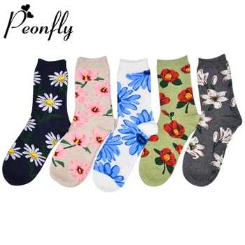 PEONFLY Корейски стил Дамски къси чорапи с флорални принтом Творческа изкуство Харадзюку Забавни щастливи чорапи Ежедневни памучни Calcetines Mujer