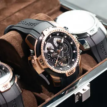 Reef Тигър/RT Мъжки спортен часовник с гумена каишка и сложно циферблат От розово злато Автоматично военни часовници RGA3503