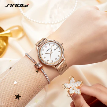 SINOBI Модни дамски часовници с диаманти, Златни дамски кварцов часовник Елегантен дамски календари Подарък кутия Часовници Relogio Feminino
