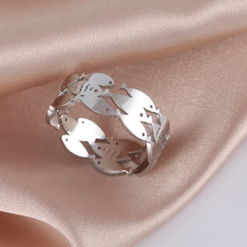 Unift Нередовни Големи-Малки Рибки Коренастое пръстен Сребърен цвят От неръждаема стомана и Пръстен с животни Просто пънк-женски изявление Бижута подарък