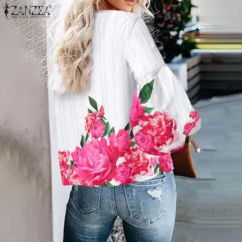 ZANZEA Стилна дамска блуза с кръгло деколте и дълги ръкави с пищни ръкави, артистична риза с принтом, есенна декорация от еластична маншет, риза, празнична туника, Върхове