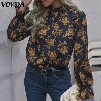 Вечерна блуза 2021 VONDA За жени Ежедневни блузи с изгорени ръкави Реколта блуза с флорални принтом дамски официални блузи с дълъг ръкав Blusas Femininas