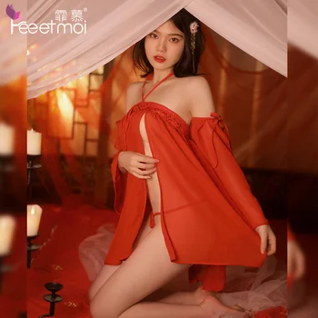 Висококачествен китайски ретро жаккардовая сатен марлевая кмет на Hanfu костюм с къс деколте, секси нощница пола червено секси бельо широк маншет