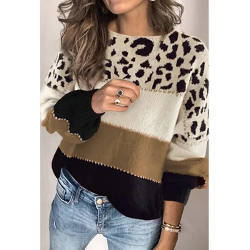 Дамски ежедневни зимни градинска дрехи с леопардовым принтом Елегантен свободен вязаный пуловер с дълъг ръкав пуловер Топ Дамски дрехи 2022 3XL