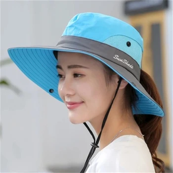Дамски шапка с кон опашка Дишаща UV-шапка с широка периферия, за разходки, Риболов, Водоустойчив Буни 2021 Нов Стил, Топла разпродажба