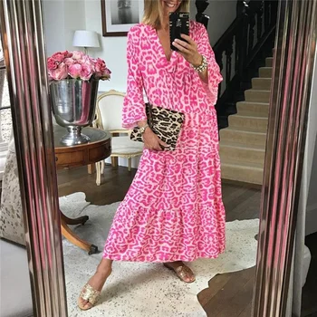 Ежедневното дълга плажна рокля с леопардовым принтом, розово модно рокля с изгорени ръкав и висока талия, Елегантна лятна рокля 2021 година в стил Бохо с V-образно деколте, трапециевидные рокли