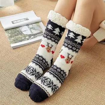 Есен-зима Дамски чехли Домашни чорапи, Коледни чорапи за килими от картун Нескользящие кадифени чорапи подово Плюшено Лосове Пухкави F4G9