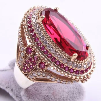 Класическо дамско пръстен Прекрасни Големи Овални Пръстен с Розов Червен камък за жени Луксозни напълнена CZ Сватбени Пръстени, Сватбени декорации