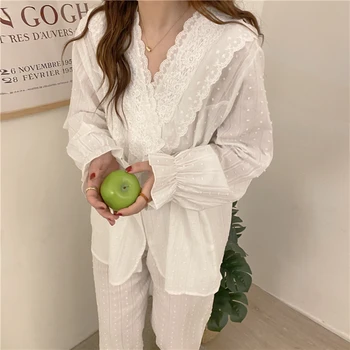 Корейската есенна Лейси Елегантна пижама от чист памук 2021 г., дамски пижами от памук в сладък дворцов стил, Комплект нощен дрехи за дома L712