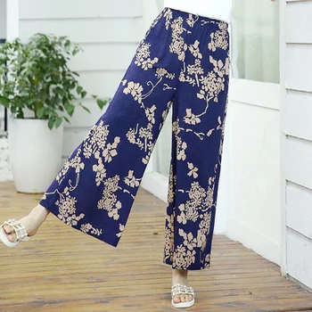 Летен стил 2018 нови памук, ленени панталони за жени на средна възраст, свободни плюс размер панталон с еластична талия с принтом Широки панталони LY835