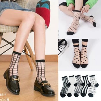 Летни секси мрежести Кристални Копринени чорапи за жени, Дамски чорапи с цветна бродерия Kawaii Сладки сладки памучни чорапи, Къси чорапи Sokken
