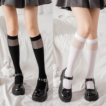 Летни тънки корейски сладки чорапи в окото с лък, секси дантелени чорапи с голяма мрежа, чорапи над коляното