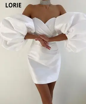 Лори Уайт Коктейлни рокли с отворени рамене с къси ръкави Криви гънки Мини Секси вечерни рокли Над коляното Атласное рокля за бала 2021