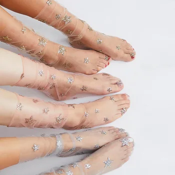Луксозни дамски чорапи Harajuku с блестящи звезди.Дамски Мрежести, Прозрачни Златни Трески с блестящи звезди Мрежести Чорапи, Трикотаж носочные изделия Сокс