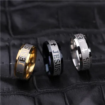МАНГОПИ Високо качество голям размер 8 мм 316 Титановая стомана златно покритие Исус на кръста Писмо Библията годежен пръстен пръстен на мъже, жени