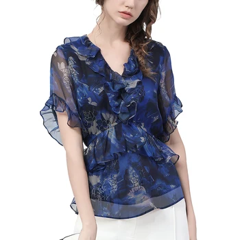 Модерен син шифоновая цвете блуза За жени Летни свободни Плюс размер къдри V-образно деколте Потник Еластичен колан с къс ръкав Нови ежедневни ризи