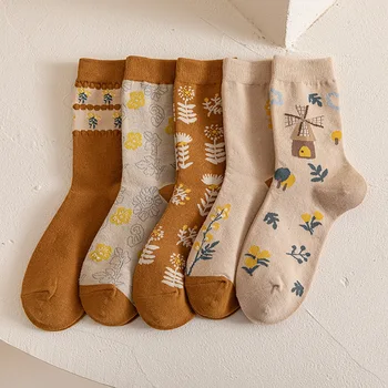 Модни дамски памучни чорапи с принтом Сладък карикатура цвете Харадзюку Градинска дрехи, Дамски чорапи в стил колеж за момичета Кавайные чорапи за екипажа