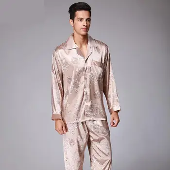 Мъжки Сатен копринени пижами с дълъг ръкав, Пижама от изкуствена коприна Костюм Мъжки Свободен нощен костюм с принтом Пижами Пейсли мъжки Комплект