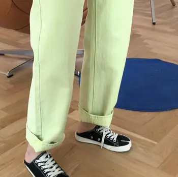 Мятно-зелени дънкови панталони Дамски Ежедневни дънки-зреещи в корейски стил, Модни прави панталони с висока талия Панталони-карго Модни градинска облекло