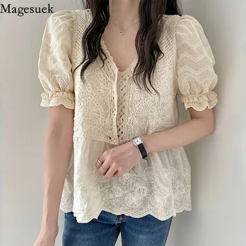 Нова бродирана блуза с V-образно деколте Дамски корейската мода за Цветя выдалбливают Елегантни блузи с гъсти къси ръкави Скъпа риза с бродерия 14664
