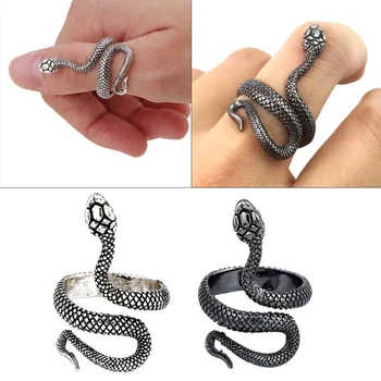 Реколта Готически Пънк-пръстени Чар Пръстен на пръста Регулируем пръстен за кандидатстване Змия Отворен Пръстен за мъже и жени стил 2, Сребристо-черен