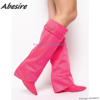 Розови ботуши Abesire, които са украсени с кристали, обикновена клинове на висок ток с остър пръсти, ботуши до коляното, Новата есенно-зимни дамски обувки голям размер