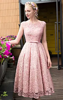 Розови рокли за бала Дантела и бродирани с мъниста ръкав-капачка с Дължина до линията на чай 2021 Вечерни вечерни рокли за партита Просто рокля на vestido de fiesta de noch