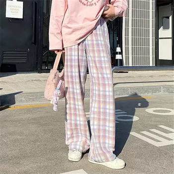 Розово каре Летни панталони за момичета Панталони Харадзюку Япония Мори Момиче Готини сладки есенни панталони Модни прави панталони в стил хип-хоп За жени