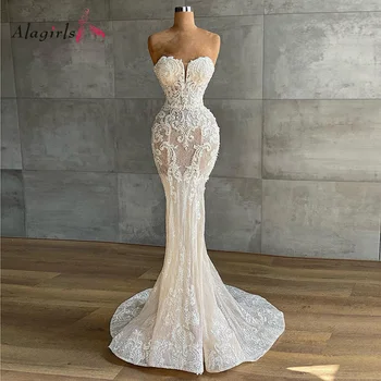 Сватбена рокля от дантела Русалка слонова кост 2021 на спагети презрамки Просто сватбена рокля без ръкави Сватбени рокли за булката robe de mariée