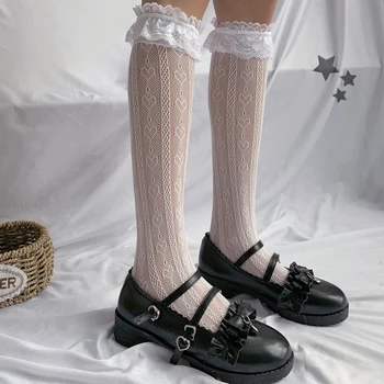 Секси дантелени сладки чорапи за момичета Меки сладки дамски чорапи на Черни и бели чорапи до коленете Чорапи с обилна модел Чорапи