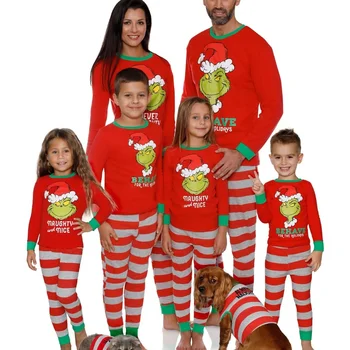 Семейна Коледна пижама от 2 теми с червено писмото принтом Домашно облекло за родители и деца с дълъг ръкав Коледни комплекти за семейството си Подходящо бельо