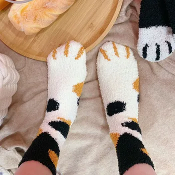 Творчески чорапи от коралов руно Дамски чорапи-тръба Kawaii Есенно-зимни котешки нокти Сладък дебели топли спални домашни чорапи за секс