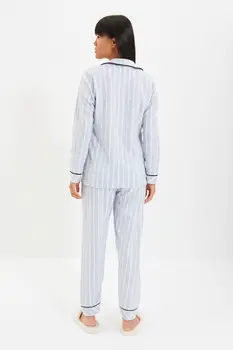 Тенденция шарени Наклонена лента с подробна Вязаной пижамой Комплект THMAW22PT0360